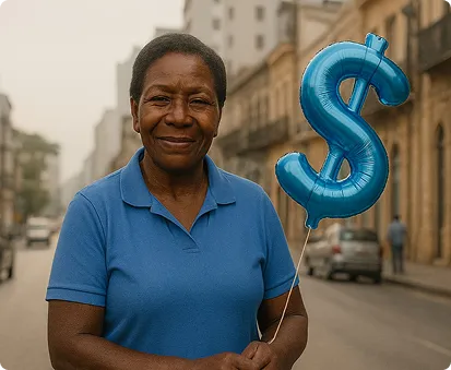 Mulher segurando balão de cifrão (economia)